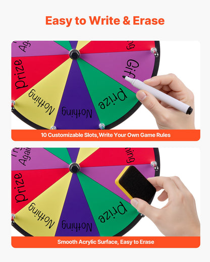 305 mm Spinning Prize Wheel, 10 Slots Spinning Wheel with Stand, Tabletop Win Fortune Roulette with a Dry Erase and 2 Markers, 5 Colors, Easy Assembly, for Party Pub Trade Show Carnival Events