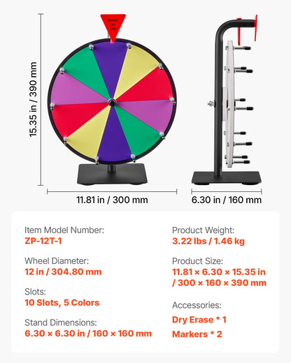 305 mm Spinning Prize Wheel, 10 Slots Spinning Wheel with Stand, Tabletop Win Fortune Roulette with a Dry Erase and 2 Markers, 5 Colors, Easy Assembly, for Party Pub Trade Show Carnival Events