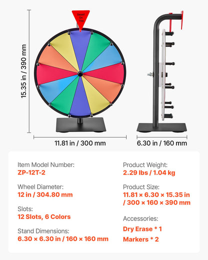 305 mm snurrande prishjul, 12 platser med stativ, bordsroulette med whiteboard och 2 tuschpennor, 6 färger, enkel montering, för fest, pub, mässa, karnevalsevenemang
