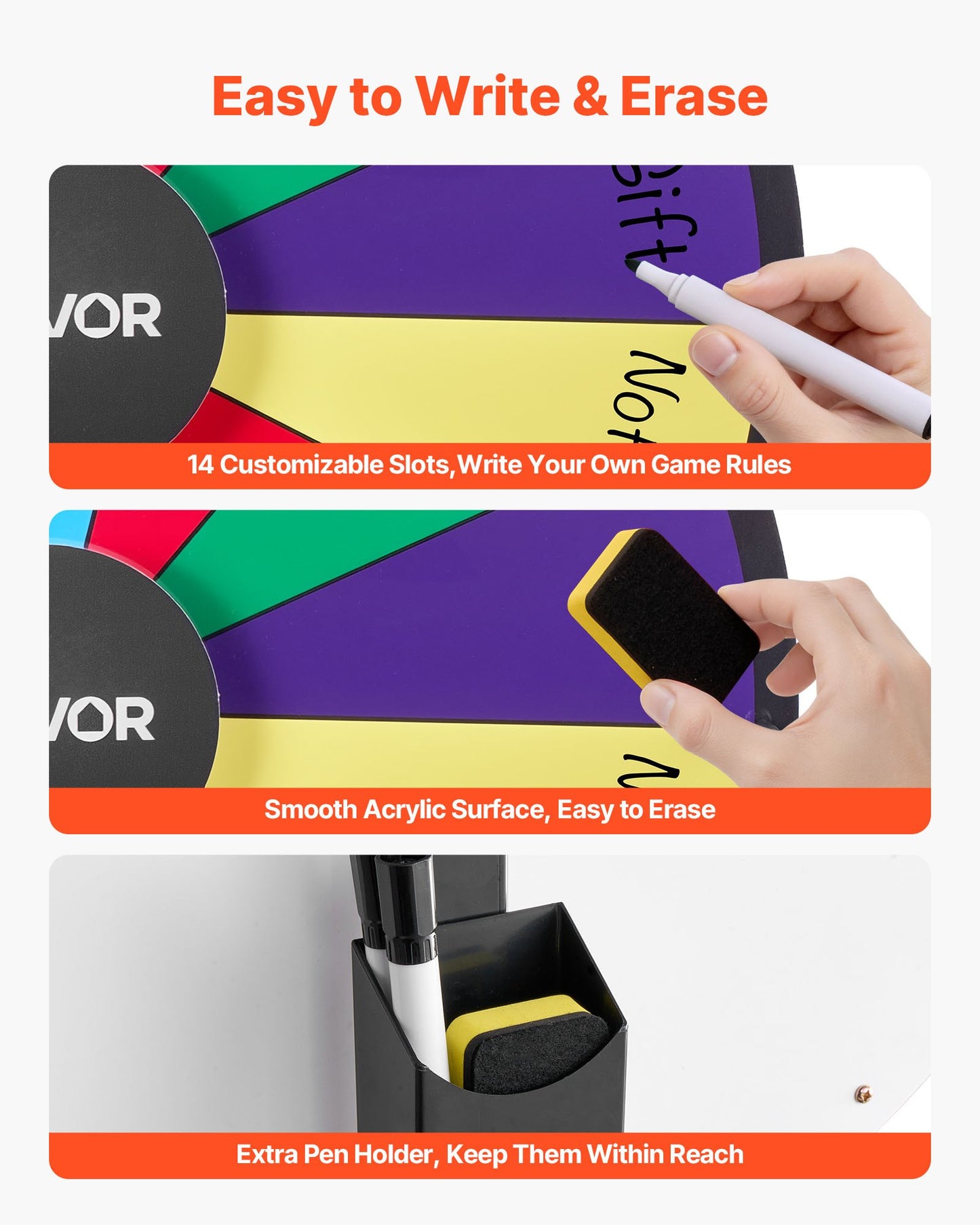 610 mm snurrande prishjul, 14 platser med stativ, bordsroulette med whiteboard och 2 tuschpennor, 6 färger, enkel montering, för fest, pub, mässa, karnevalsevenemang