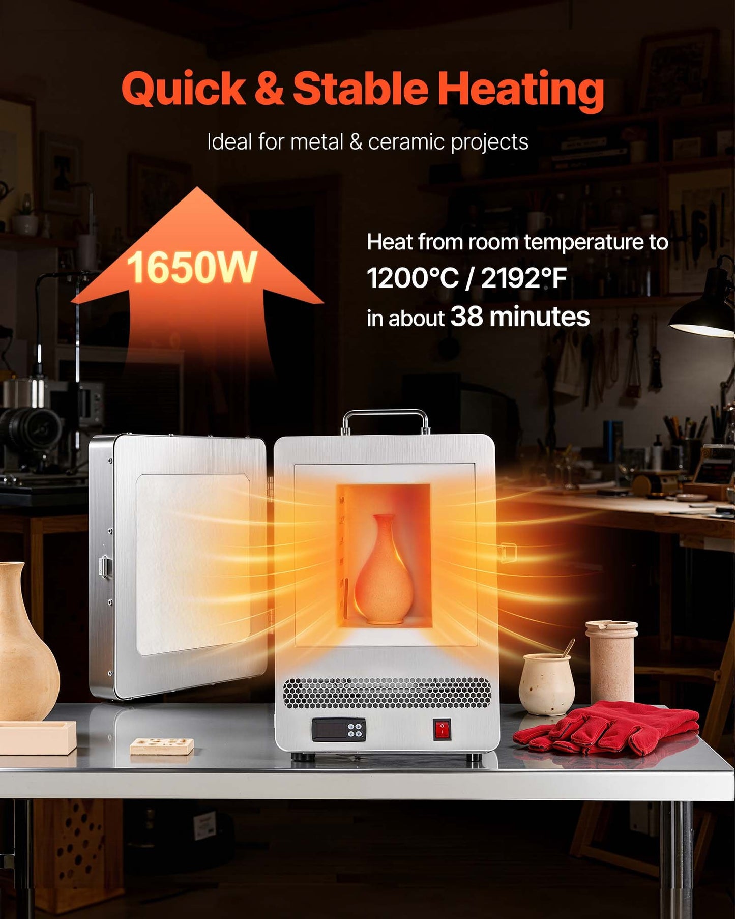 Elektrisk smältugn, 1650W digital smältugn, elektrisk ugn med maxtemperatur 2192℉/1200℃ för gjutning av förlorat vax, lera DIY, metallglödgning, keramikbränning, PID-temperaturkontroll