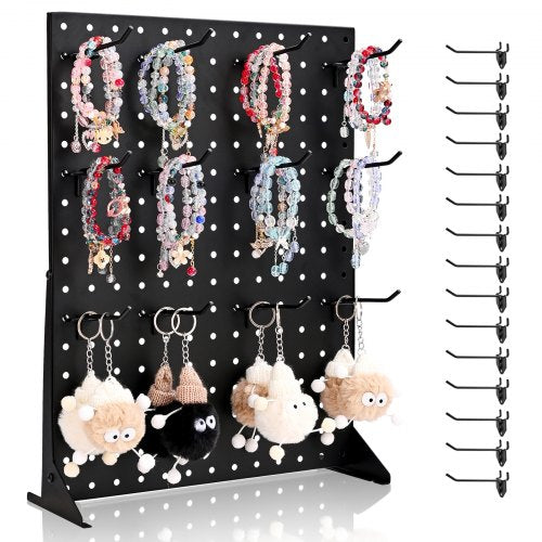 Pegboard Display Stand, 43 x 33 cm Tabletop Pegboard Display Stand with 15 Hooks, Thickened Cold-Rolled Steel Peg Board Panel for Grocery, Retail Store and Jewelry Shop, Black (1 PCS)