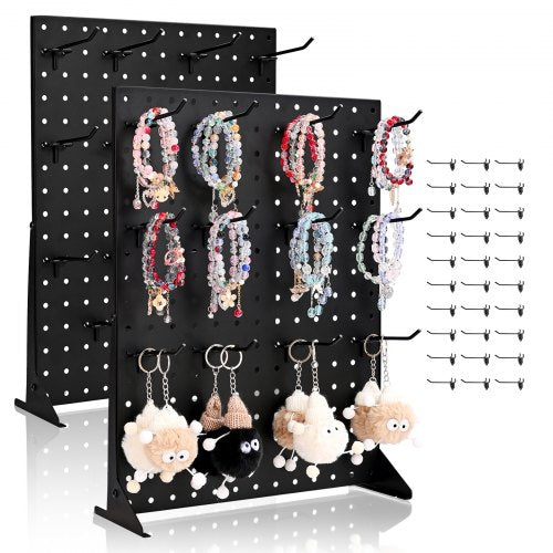Pegboard Display Stand, 43 x 33 cm Tabletop Pegboard Display Stand with 30 Hooks, Thickened Cold-Rolled Steel Peg Board Panel for Grocery, Retail Store and Jewelry Shop, Black (2 PCS)