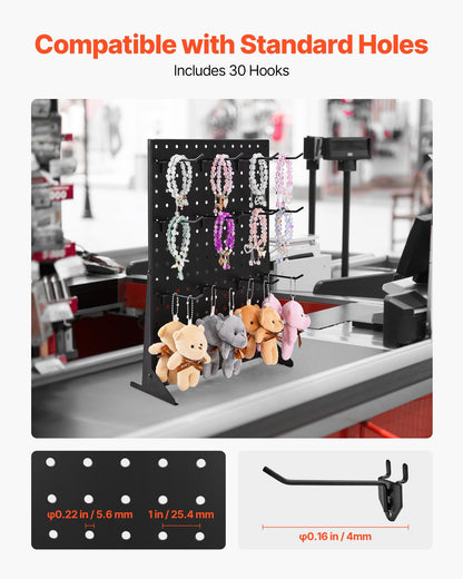 Pegboard Display Stand, 43 x 33 cm Tabletop Pegboard Display Stand with 30 Hooks, Thickened Cold-Rolled Steel Peg Board Panel for Grocery, Retail Store and Jewelry Shop, Black (2 PCS)