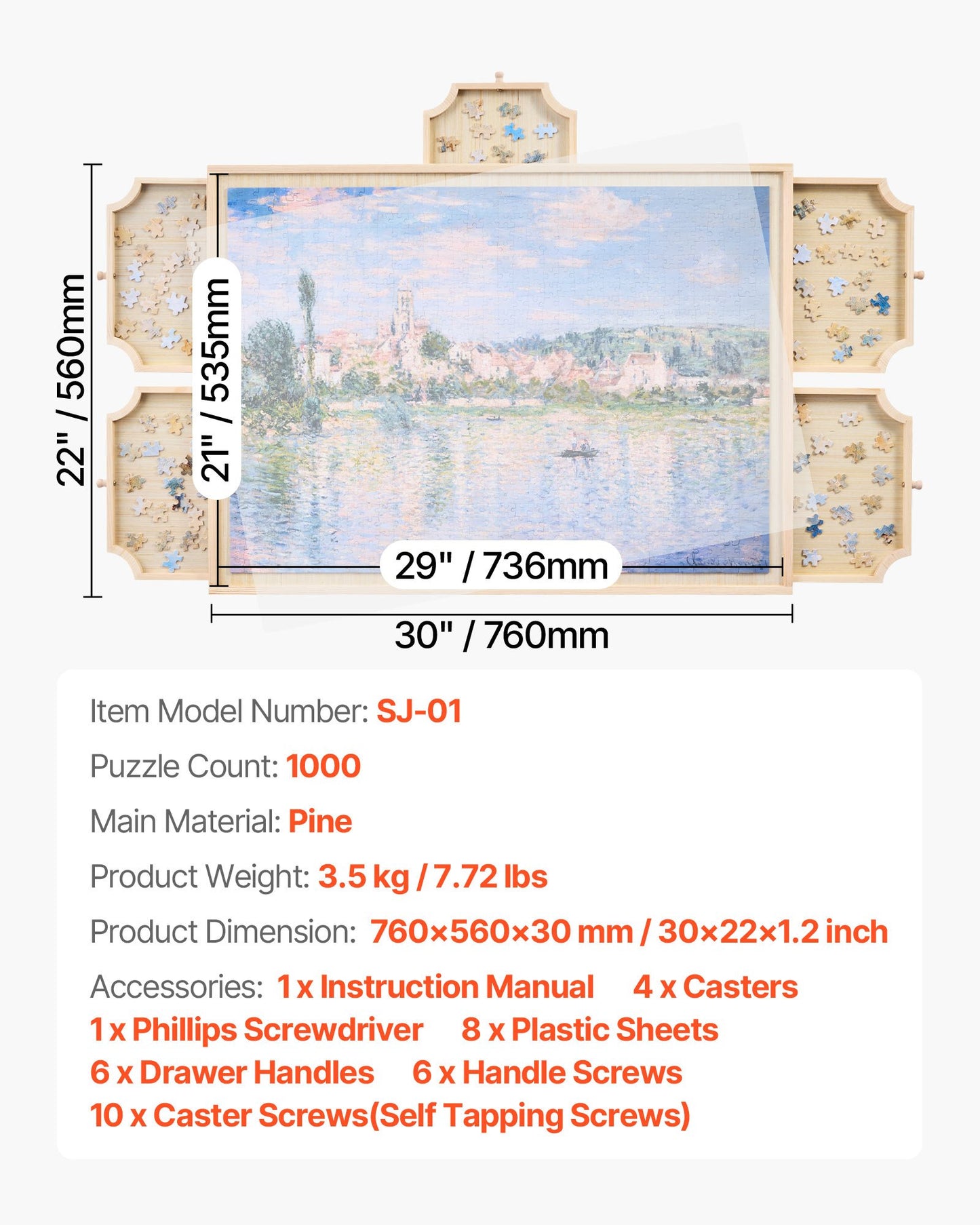 Roterande pusselbräde med 1000 bitar, 5 lådor och lock, bärbart träbord 74x53 cm, pusseltillbehör för vuxna, förvaringssystem för pussel, födelsedagspresent till mamma