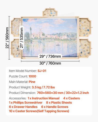 Roterande pusselbräde med 1000 bitar, 5 lådor och lock, bärbart träbord 74x53 cm, pusseltillbehör för vuxna, förvaringssystem för pussel, födelsedagspresent till mamma