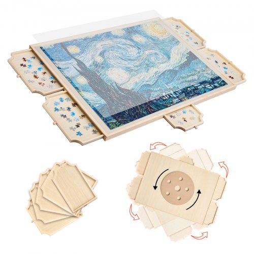 Roterande pusselbräde med 1500 bitar, 5 lådor och lock, 86x63 cm bärbart träbord, pusseltillbehör för vuxna, förvaringssystem för pussel, födelsedagspresent till mamma