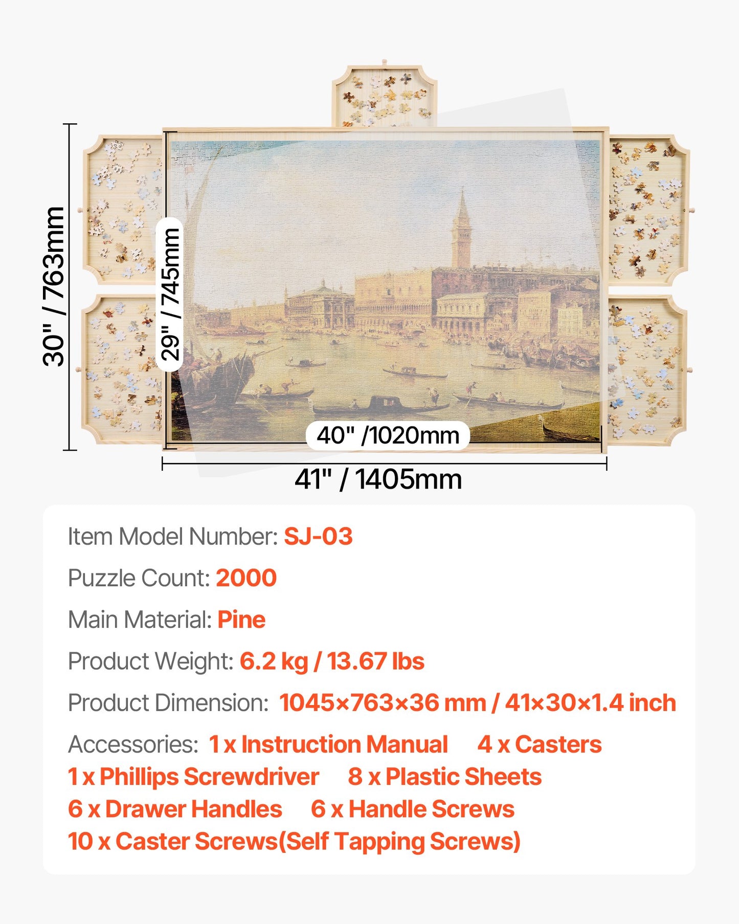 2000 Piece Rotating Puzzle Board with 5 Drawers and Cover, 102x74cm Portable Wooden Table, Jigsaw Puzzle Accessories for Adults, Puzzles Organizer Storage System, Birthday Gift for Mom