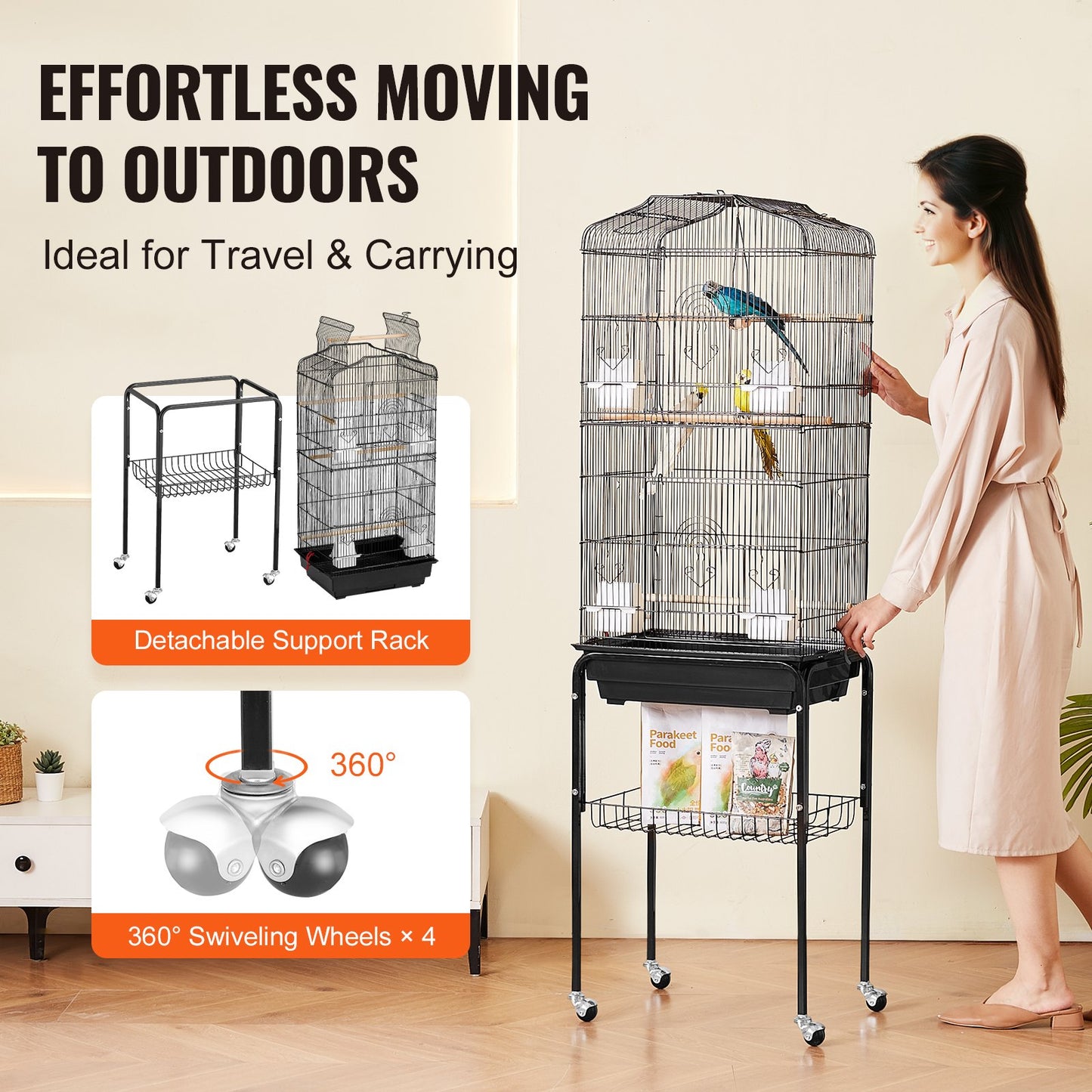Stor fågelbur, 62 tum, öppen undulatbur med rullstativ, flygbur i stål med avtagbar bricka, undulatbur med 4 sittpinnar, papegojbur för turturduvor och nymfparakiter, husdjursleksak