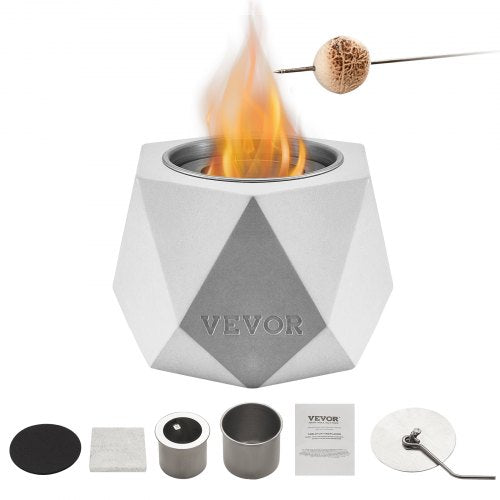 Tabletop Fire Pit Bowl, Concrete Tabletop Fireplace Indoor Outdoor Decor, Portable Rubbing Alcohol Burner Smores Maker, Mini Fire Pit for Patio Balcony with Extinguisher Light Gray