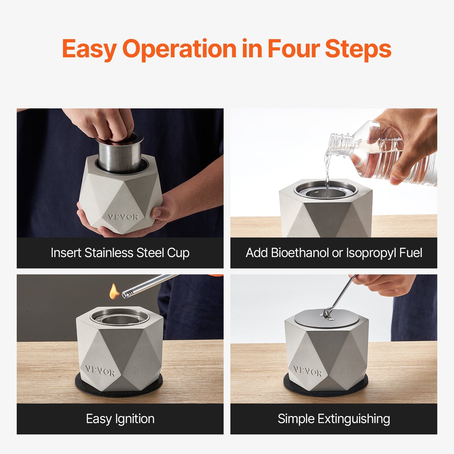 Bordeldstad, betongbordsspis för inomhusbruk, bärbar spritbrännare för smores, minieldstad för uteplats och balkong med brandsläckare, ljusgrå