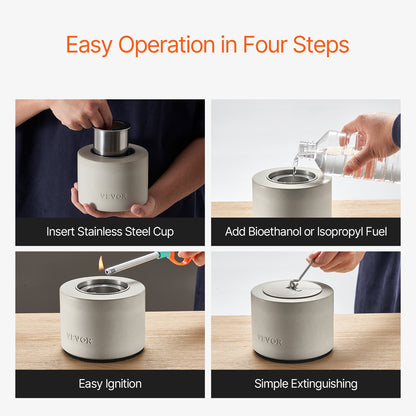 Bordseldstad, betongbordseldstad för inomhusbruk, bärbar spritbrännare och smores-maskin, för uteplats och balkong med brandsläckare, ljusgrå cylinder