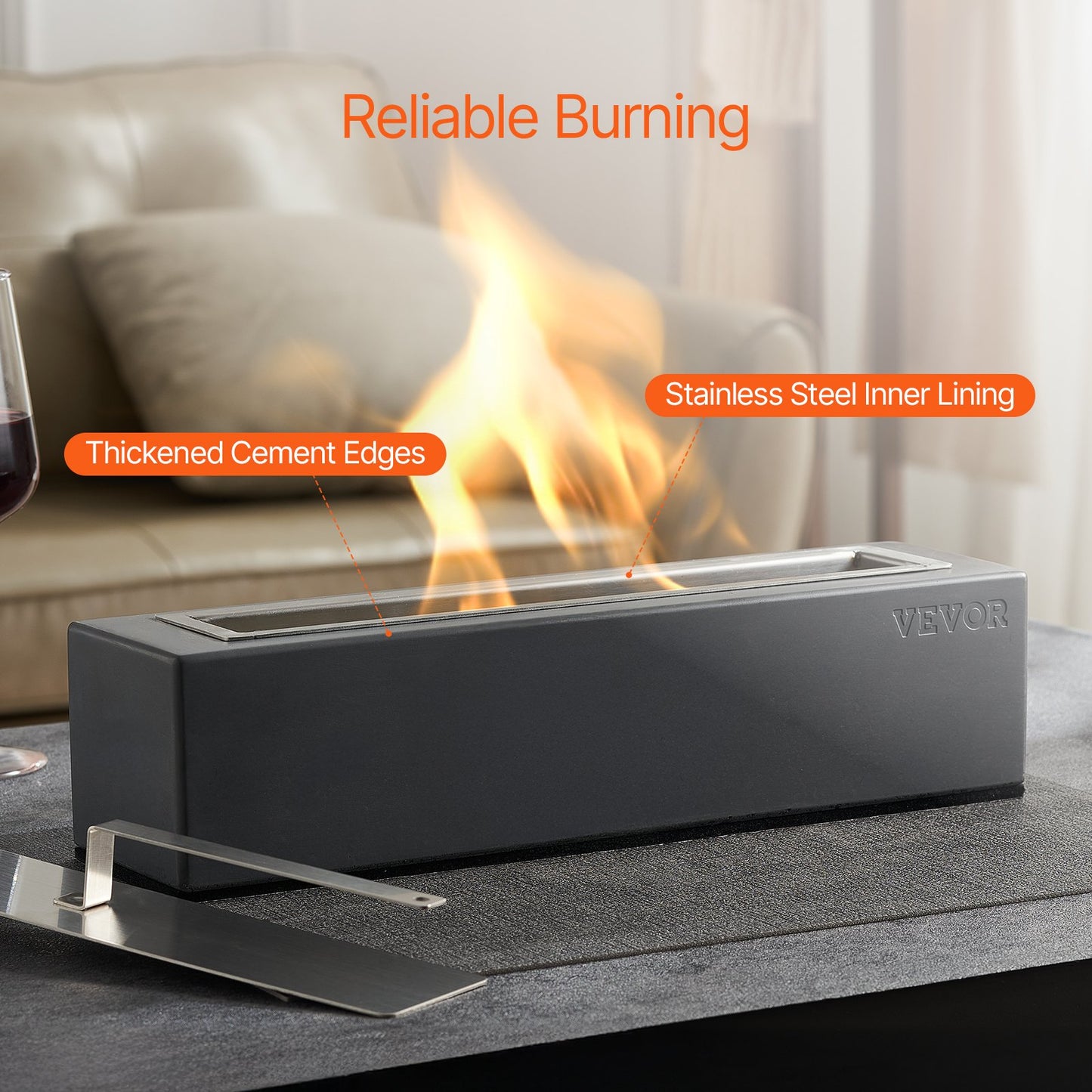 Bordseldstad, 15 tums betongbordseldstad för inomhusbruk utomhusdekor, bärbar spritbrännare och smores-maskin, för uteplats och balkong med brandsläckare, fyrkantig ljusgrå