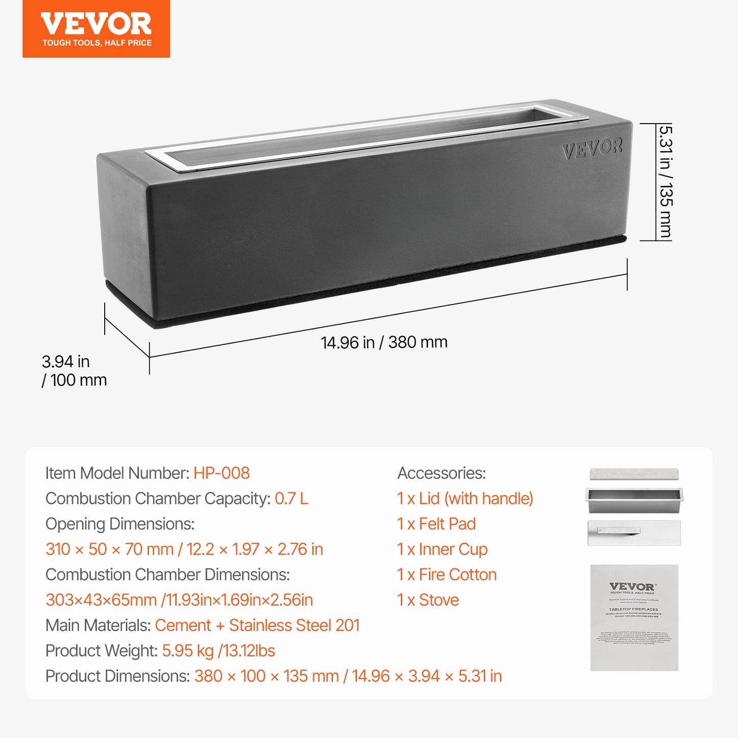 Bordseldstad, 15 tums betongbordseldstad för inomhusbruk utomhusdekor, bärbar spritbrännare och smores-maskin, för uteplats och balkong med brandsläckare, fyrkantig ljusgrå