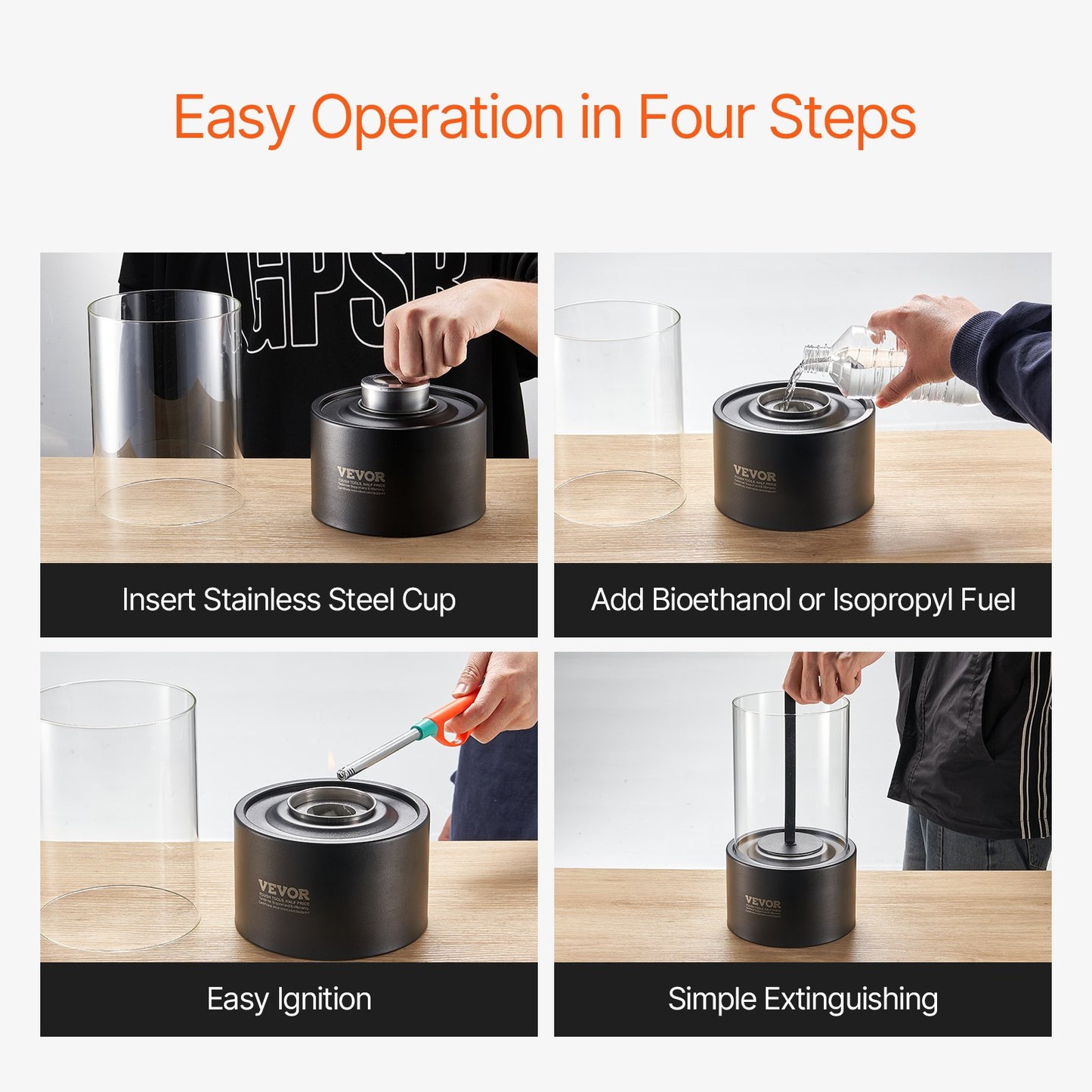 Bordseldstad, 6 tums metallbordseldstad för inomhusbruk och utomhusbruk, bärbar spritbrännare och smores-maskin med glas, för uteplats och balkong med brandsläckare, 2,03 kg