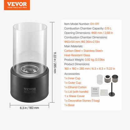 Bordseldstad, 6 tums metallbordseldstad för inomhusbruk och utomhusbruk, bärbar spritbrännare och smores-maskin med glas, för uteplats och balkong med brandsläckare, 2,03 kg