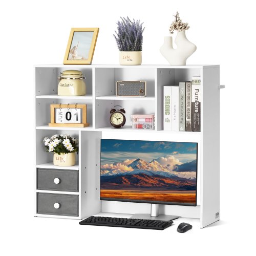 Desktop Bookshelf, 3-Tier Desktop Storage Organizer, 37" x 10" x 31.1" Office Storage Rack Wood Display Shelf, Desktop Bookshelf Hutch with Two Fabric Drawers, for Office, Home & Dorm, White
