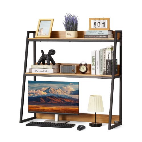 Desktop Bookshelf, 2-Tier Desktop Storage Organizer, 37.4" x 12.6" x 35.4" Office Storage Rack Wood Color Display Shelf, Desktop Bookshelf Hutch with Anti-Slip Feet Pads, for Office, Home & Dorm
