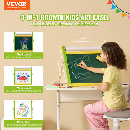 Tabletop Art Easel for Kids, 3-in-1 Wooden Double-Sided Kid's Art Easel with Magnetic Whiteboard, Chalkboard, Paper Roll, Foldable Portable Drawing Board with Painting Accessories for Boys Girls