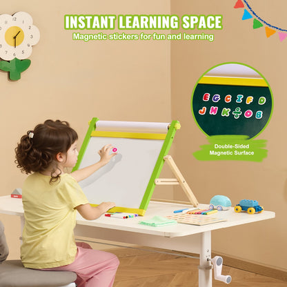 Tabletop Art Easel for Kids, 3-in-1 Wooden Double-Sided Kid's Art Easel with Magnetic Whiteboard, Chalkboard, Paper Roll, Foldable Portable Drawing Board with Painting Accessories for Boys Girls