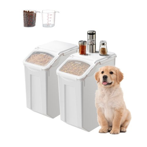 Risförvaringsbehållare, 4,5 gallon/20 l x 2 kapacitet stor hundmatsbehållare, köksingredienser spannmål mjölbehållare, husdjursfoderbehållare med hjul, 2 mätkoppar, lufttätt lock, 2-pack