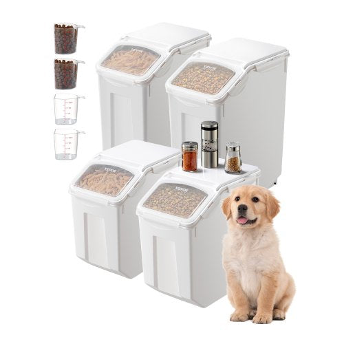 Risförvaringsbehållare, 3,5 gallon/15 l x 2 + 4,5 gallon/20 l x 2 stor hundmatsbehållare, flingbehållare för köksingredienser, behållare för husdjursfoder med hjul, 4 måttkoppar, lufttätt lock, 4-pack