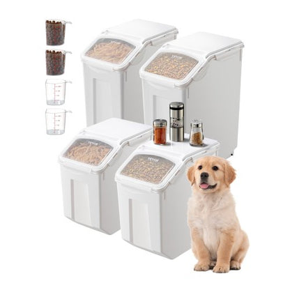 Risförvaringsbehållare, 3,5 gallon/15 l x 2 + 4,5 gallon/20 l x 2 stor hundmatsbehållare, flingbehållare för köksingredienser, behållare för husdjursfoder med hjul, 4 måttkoppar, lufttätt lock, 4-pack