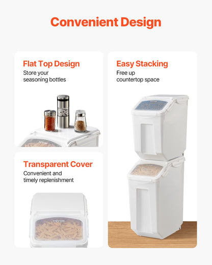 Risförvaringsbehållare, 3,5 gallon/15 l x 2 + 4,5 gallon/20 l x 2 stor hundmatsbehållare, flingbehållare för köksingredienser, behållare för husdjursfoder med hjul, 4 måttkoppar, lufttätt lock, 4-pack