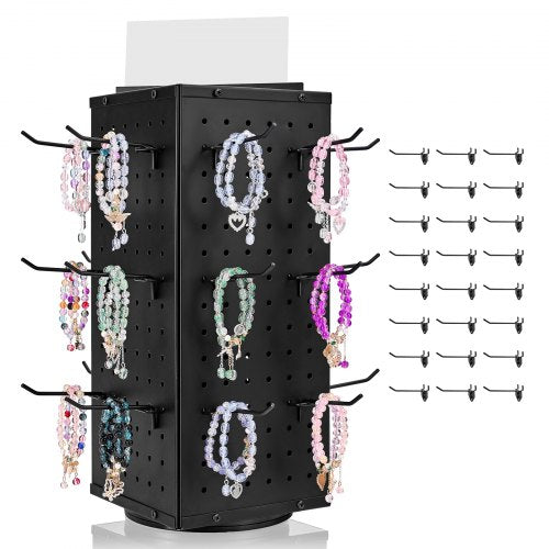 Rotating Pegboard Display Stand, 18.8 x 18.8 x 42.6 cm 4-Sided Spinning Peg Board Display with 24 Hooks, Thickened Cold-Rolled Steel Craft Rack Organizer for Retail Store Jewelry Shop, Black