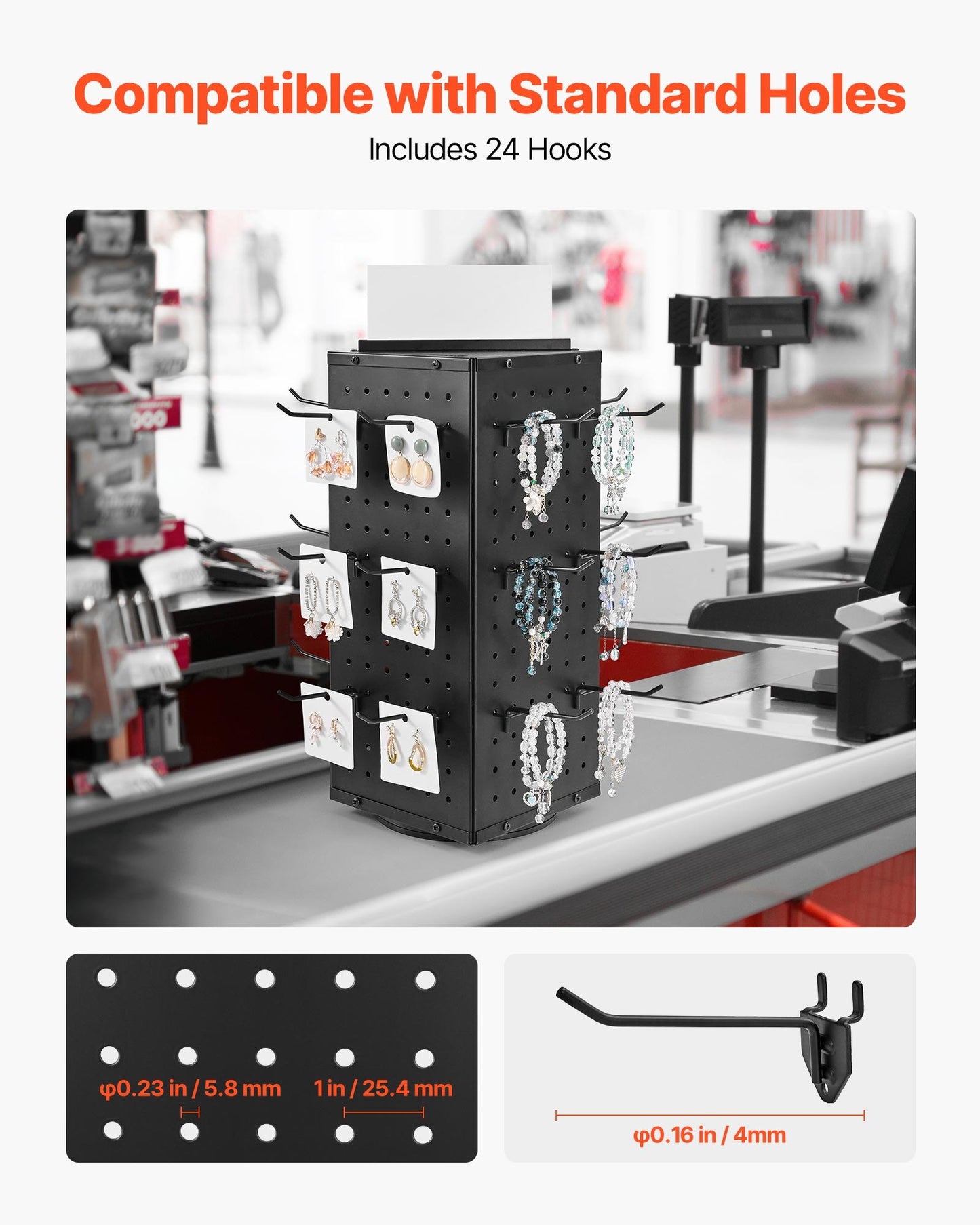 Roterande stiftstativ, 18,8 x 18,8 x 42,6 cm 4-sidig snurrande stiftstavla med 24 krokar, förtjockad kallvalsad stålplåt för hantverksbutik, svart