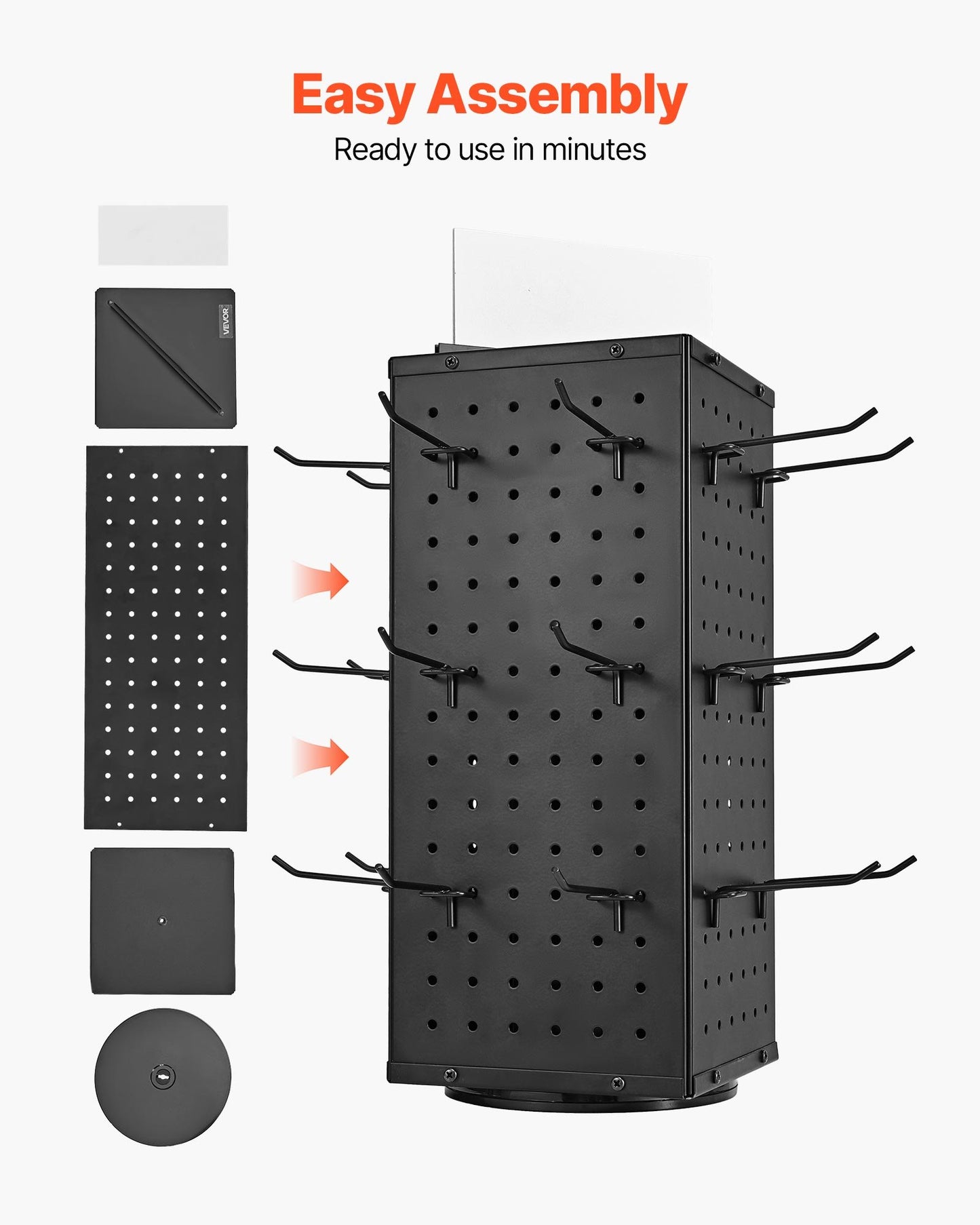 Roterande stiftstativ, 18,8 x 18,8 x 42,6 cm 4-sidig snurrande stiftstavla med 24 krokar, förtjockad kallvalsad stålplåt för hantverksbutik, svart