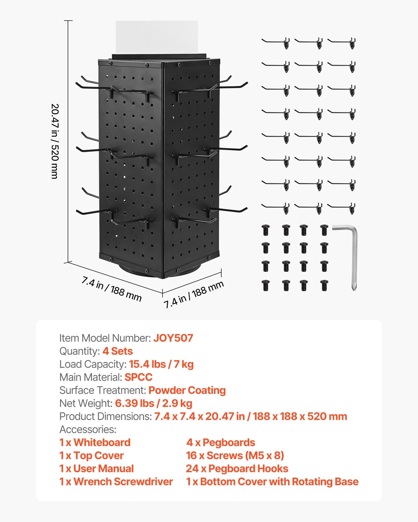 Roterande stiftstativ, 18,8 x 18,8 x 42,6 cm 4-sidig snurrande stiftstavla med 24 krokar, förtjockad kallvalsad stålplåt för hantverksbutik, svart