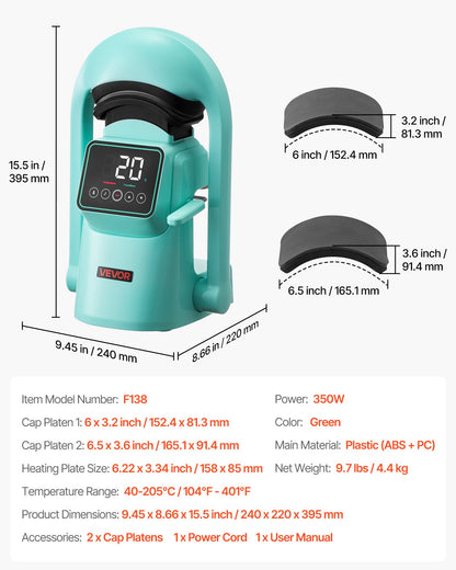 Auto Hat Heat Press Machine, with 2pcs Interchangeable Platens, Automatic Open and Release, Touchscreen for Precise Time and Temperature Control, Heat Transfer Printing for Caps, Hats, Green