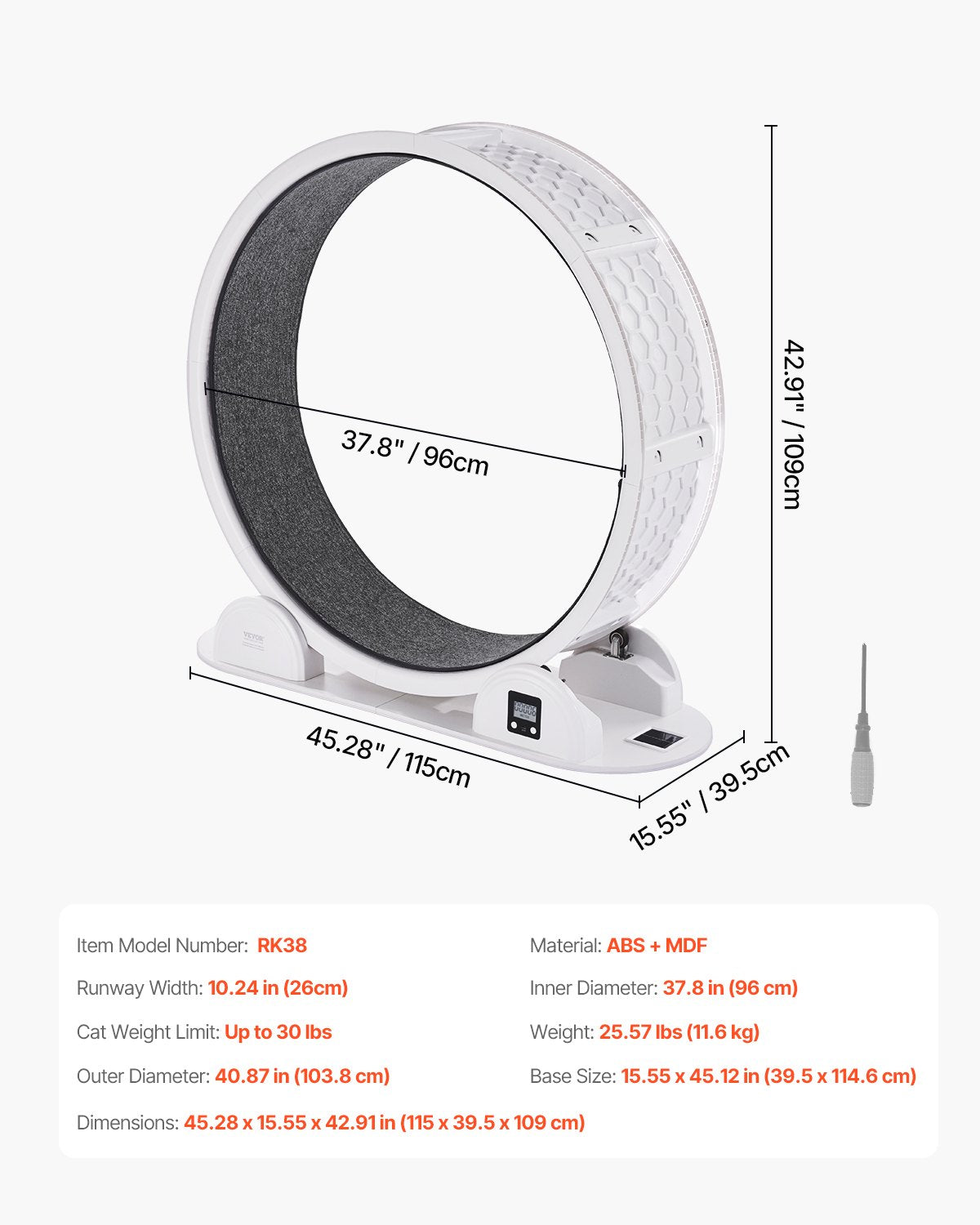 Cat Exercise Wheel with Pedometer, 40.8 in, Cat Running Wheel with Brake & Carpeted Runway, Quiet Cat Treadmill for Indoor Cats Under 30lbs, Cat Exerciser for Pets Health & Fitness White