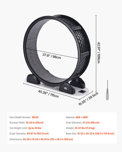 Cat Exercise Wheel with Pedometer, 40.8 in, Cat Running Wheel with Brake & Carpeted Runway, Quiet Cat Treadmill for Indoor Cats Under 30lbs, Cat Exerciser for Pets Health & Fitness Black