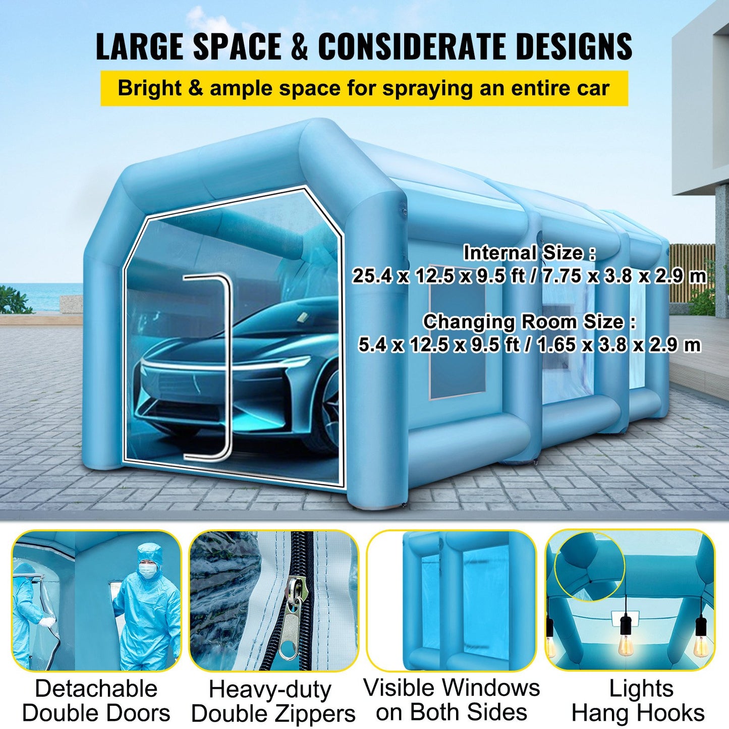 Uppblåsbar målarbox 33x16,4x11,5 fot, Uppblåsbar box med 2 blåsmaskiner, Uppblåsbar sprutbox med filtersystem, Bärbar bilmålarbox för parkeringstält, arbetsstation