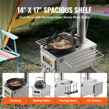 Wood Stove, 203.20 cm, Stainless Steel Camping Tent Stove, Portable Wood Burning Stove with Chimney Pipes & Gloves, 11471 cm³ Firebox Hot Tent Stove for Outdoor Cooking and Heating with 8 Pipes