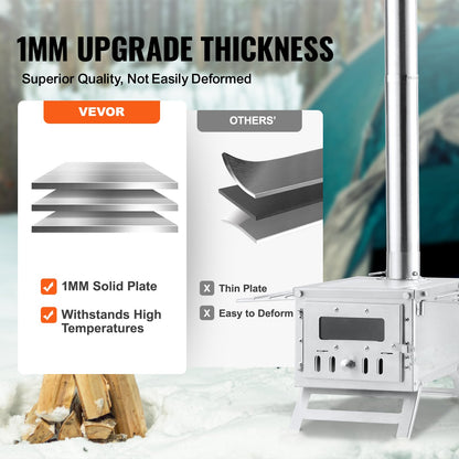 Wood Stove, 203.20 cm, Stainless Steel Camping Tent Stove, Portable Wood Burning Stove with Chimney Pipes & Gloves, 11471 cm³ Firebox Hot Tent Stove for Outdoor Cooking and Heating with 8 Pipes