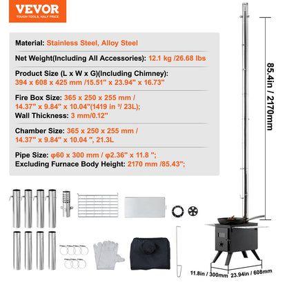 Vedspis, 218,4 cm, campingtältkök i legerat stål, bärbar vedspis med skorstensrör och handskar, 22941,9 cm³ eldstad, tältkök för matlagning och uppvärmning utomhus med 8 rör