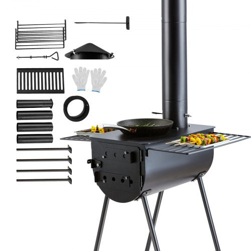 Wood Stove, 3 m, Alloy Steel Camping Tent Stove, Portable Wood Burning Stove with Chimney Pipes & Gloves, 49161 cm³ Firebox Hot Tent Stove for Outdoor Cooking and Heating with 8 Pipes