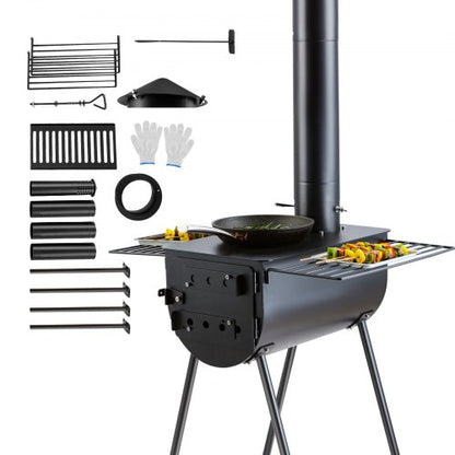 Wood Stove, 3 m, Alloy Steel Camping Tent Stove, Portable Wood Burning Stove with Chimney Pipes & Gloves, 49161 cm³ Firebox Hot Tent Stove for Outdoor Cooking and Heating with 8 Pipes
