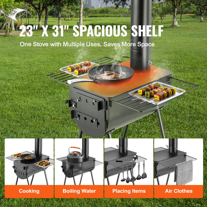 Wood Stove, 3 m, Alloy Steel Camping Tent Stove, Portable Wood Burning Stove with Chimney Pipes & Gloves, 49161 cm³ Firebox Hot Tent Stove for Outdoor Cooking and Heating with 8 Pipes