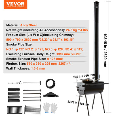 Wood Stove, 3 m, Alloy Steel Camping Tent Stove, Portable Wood Burning Stove with Chimney Pipes & Gloves, 49161 cm³ Firebox Hot Tent Stove for Outdoor Cooking and Heating with 8 Pipes
