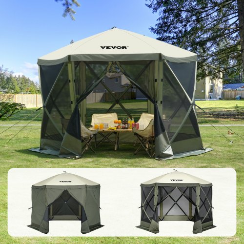 Pop Up Gazebo Tent, Pop-Up Screen Tent 6 Sided Canopy Sun Shelter with 6 Removable Privacy Wind Cloths & Mesh Windows, 10x10FT Quick Set Screen Tent with Mosquito Netting, Army Green