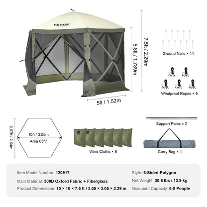Pop Up Gazebo Tent, Pop-Up Screen Tent 6 Sided Canopy Sun Shelter with 6 Removable Privacy Wind Cloths & Mesh Windows, 10x10FT Quick Set Screen Tent with Mosquito Netting, Army Green