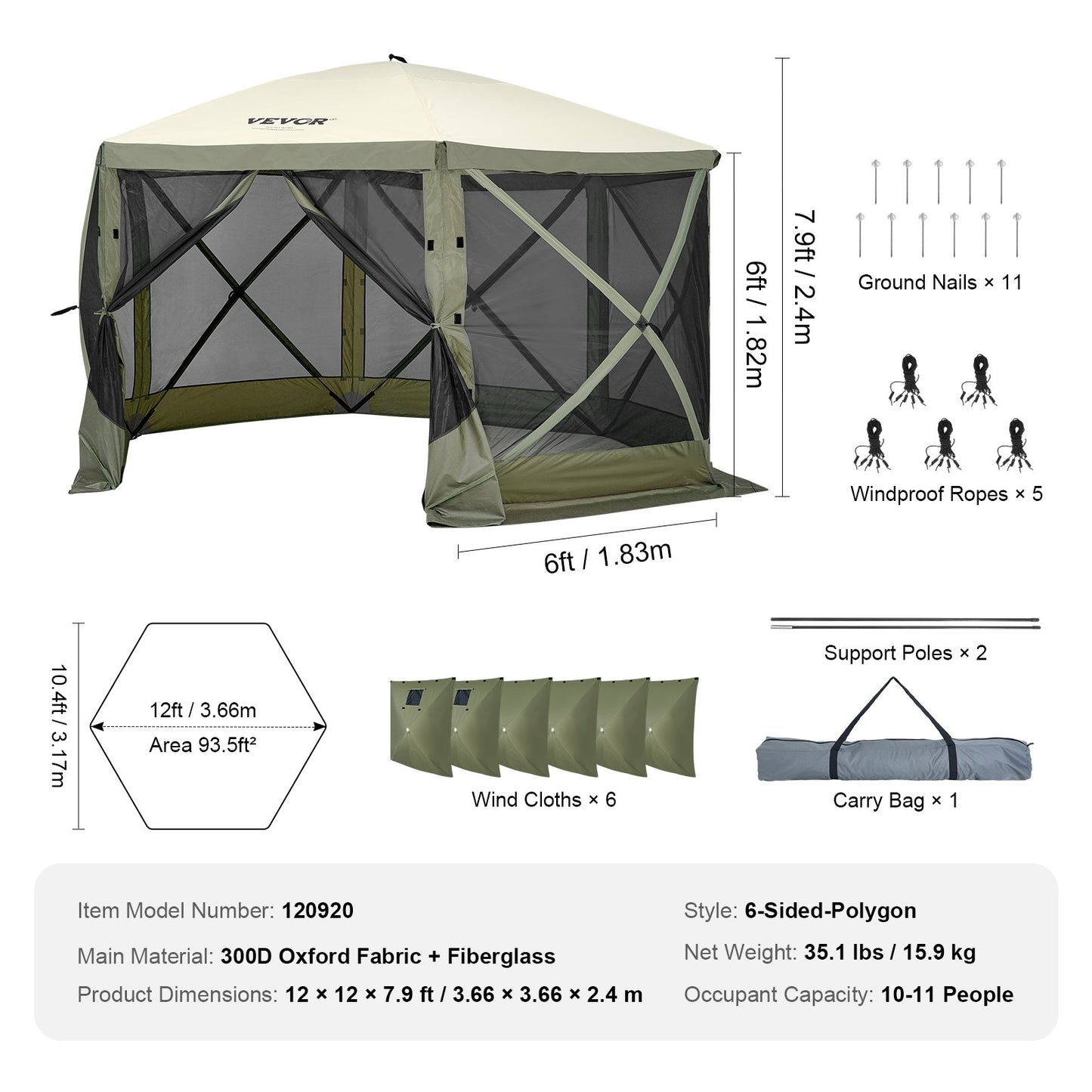 Pop Up Gazebo Tent, Pop-Up Screen Tent 6 Sided Canopy Sun Shelter with 6 Removable Privacy Wind Cloths & Mesh Windows, 12x12FT Quick Set Screen Tent with Mosquito Netting, Army Green