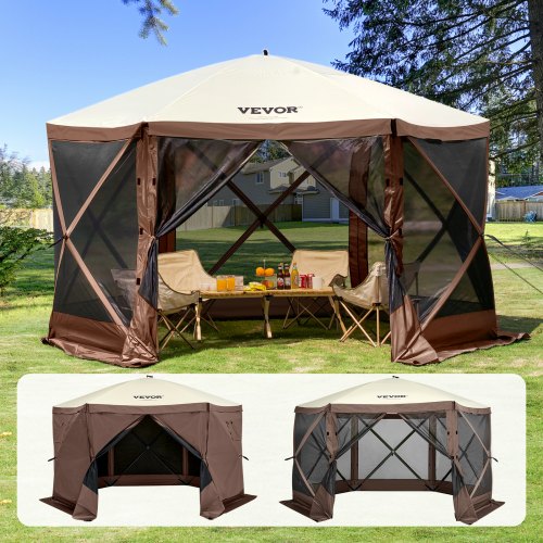 Pop Up Gazebo Tent, Pop-Up Screen Tent 6 Sided Canopy Sun Shelter with 6 Removable Privacy Wind Cloths & Mesh Windows, 12.5x12.5FT Quick Set Screen Tent with Mosquito Netting, Brown