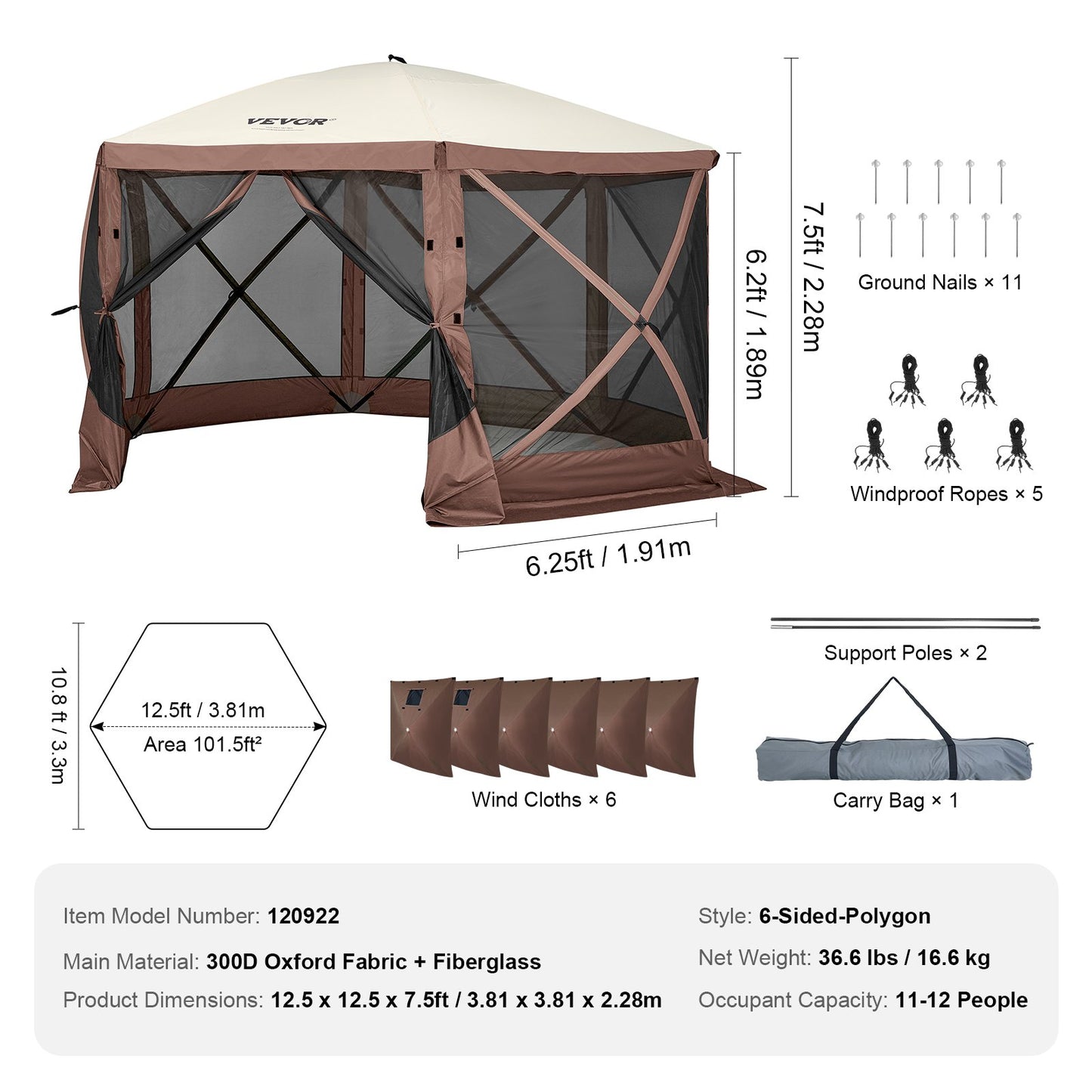Pop Up Gazebo Tent, Pop-Up Screen Tent 6 Sided Canopy Sun Shelter with 6 Removable Privacy Wind Cloths & Mesh Windows, 12.5x12.5FT Quick Set Screen Tent with Mosquito Netting, Brown