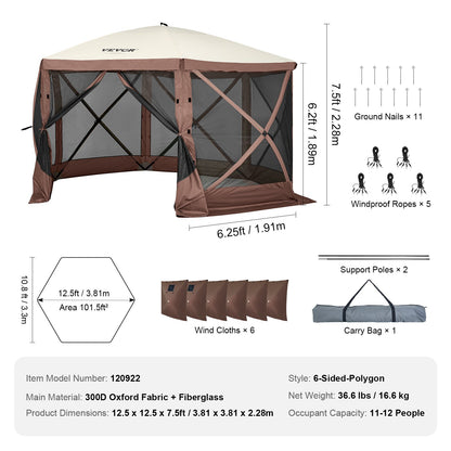 Pop Up Gazebo Tent, Pop-Up Screen Tent 6 Sided Canopy Sun Shelter with 6 Removable Privacy Wind Cloths & Mesh Windows, 12.5x12.5FT Quick Set Screen Tent with Mosquito Netting, Brown