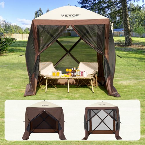 Pop Up Gazebo Tent, Pop-Up Screen Tent 4 Sided Canopy Sun Shelter with 4 Removable Privacy Wind Cloths & Mesh Windows, 6x6FT Quick Set Screen Tent with Mosquito Netting, Brown